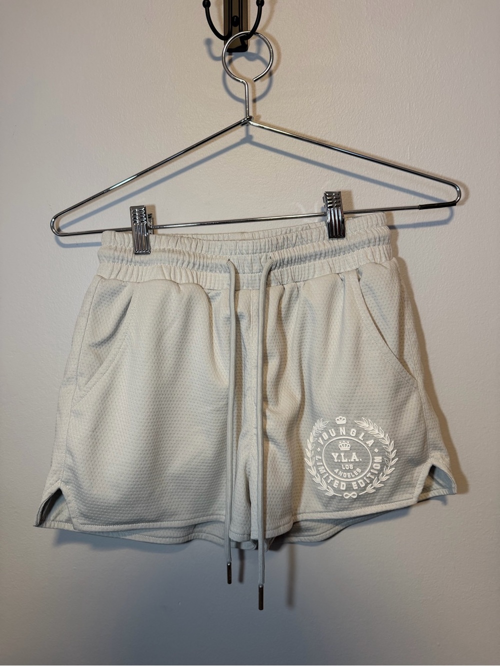 YoungLA Cream Athletic Drawstring Shorts with Logo